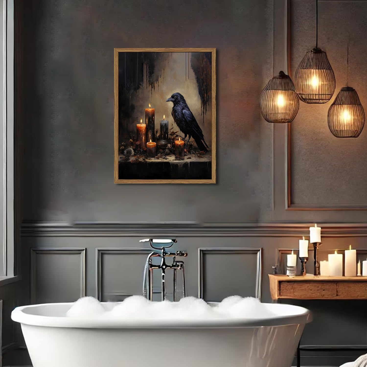 Framed Vintage Halloween Black Raven Canvas Wall Art, Gothic Dark Academia Crow Pictures Wall Decor, Spooky Moody Candlelight Paintings Prints for Living Room Bedroom Bathroom Dorm 16x24 inch