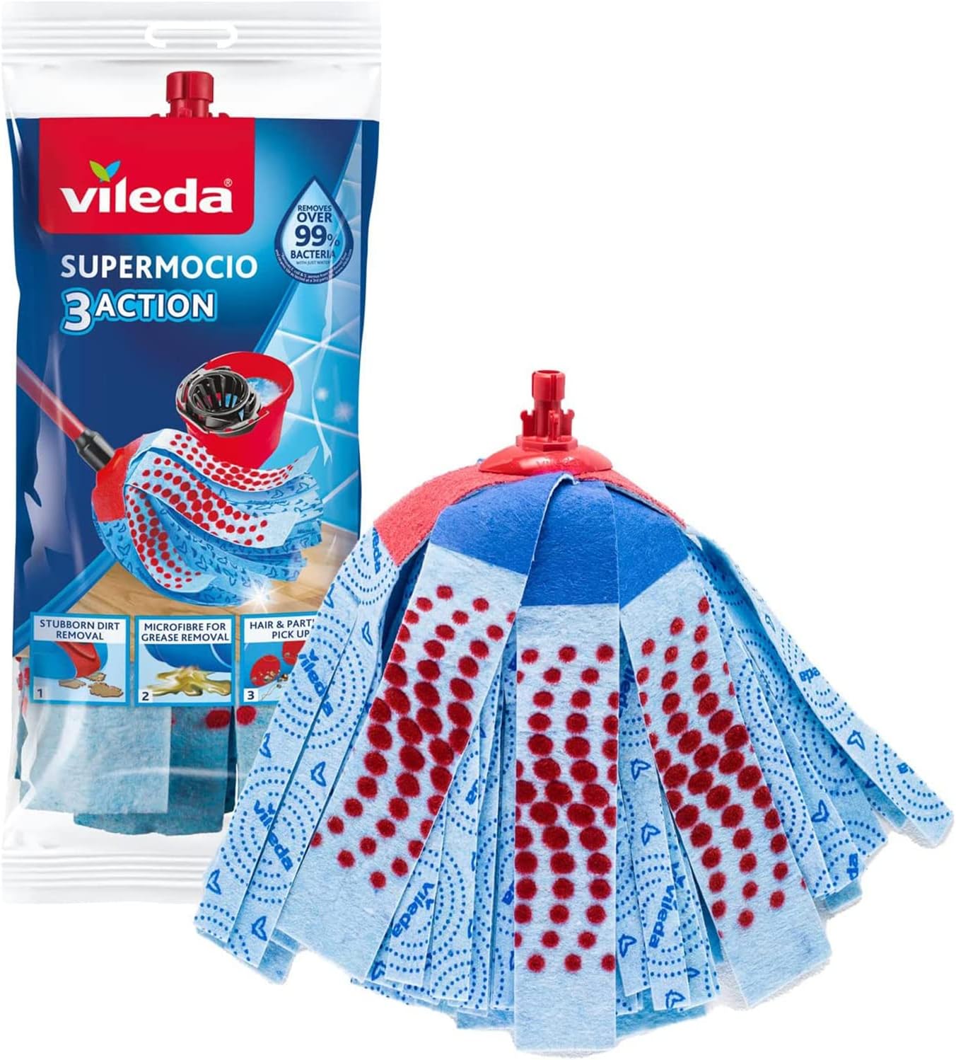 3action Supermocio Floor Mop Refill, Versatile, Red Spot Eraser, Blue Microfiber, 3D Red Spots.