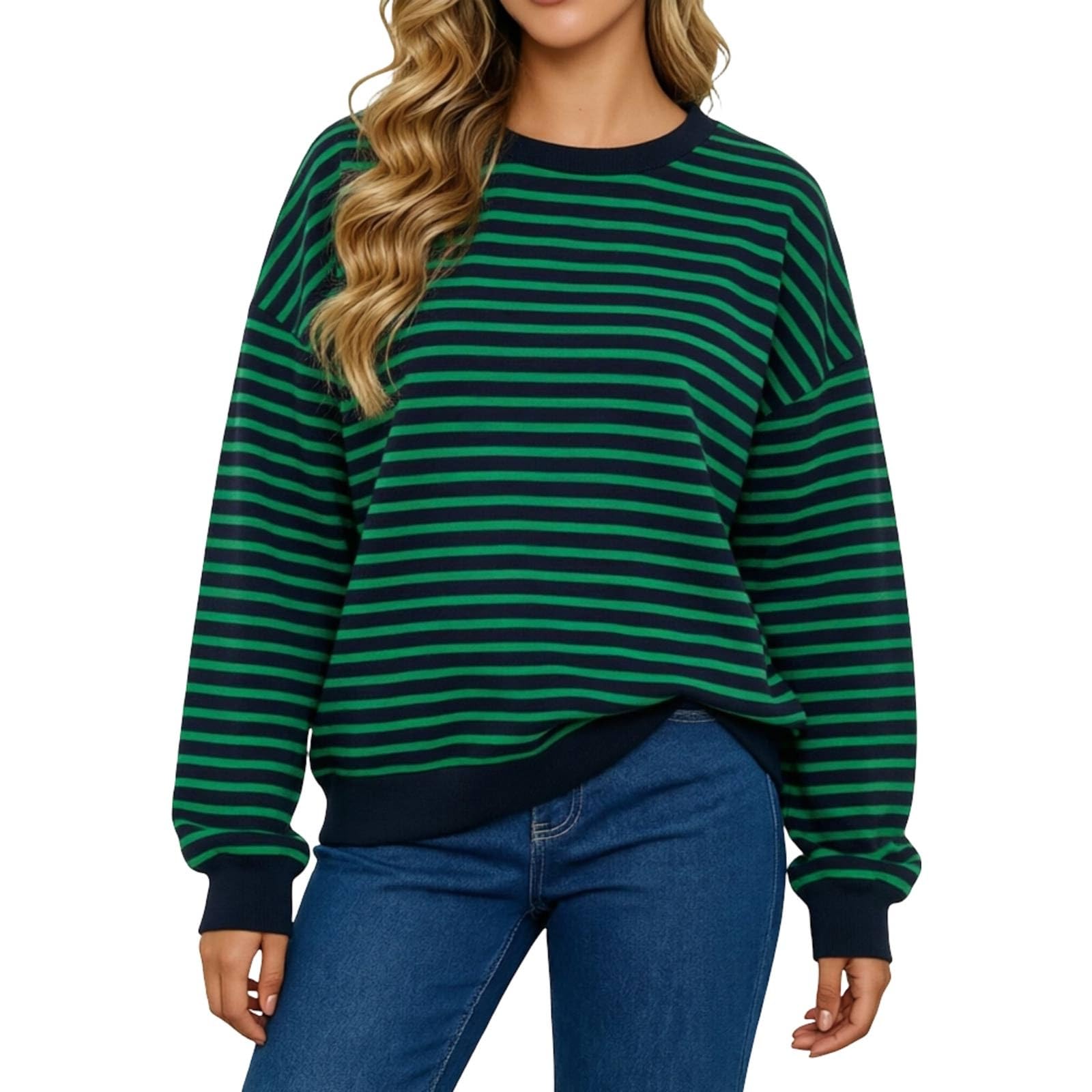 Sudadera de Manga Larga Extragrande con Cuello Redondo y Rayas, Estilo Casual, sin Capucha y de Corte Holgado.