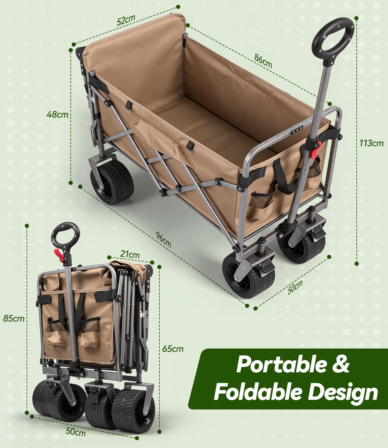 Carro Plegable de Transporte para Festivales con Ruedas Grandes, Capacidad de 200kg, Carro de 300L, Resistente Carrito de Camping con Mango Ajustable para Playa, Pesca, Jardín, Compras