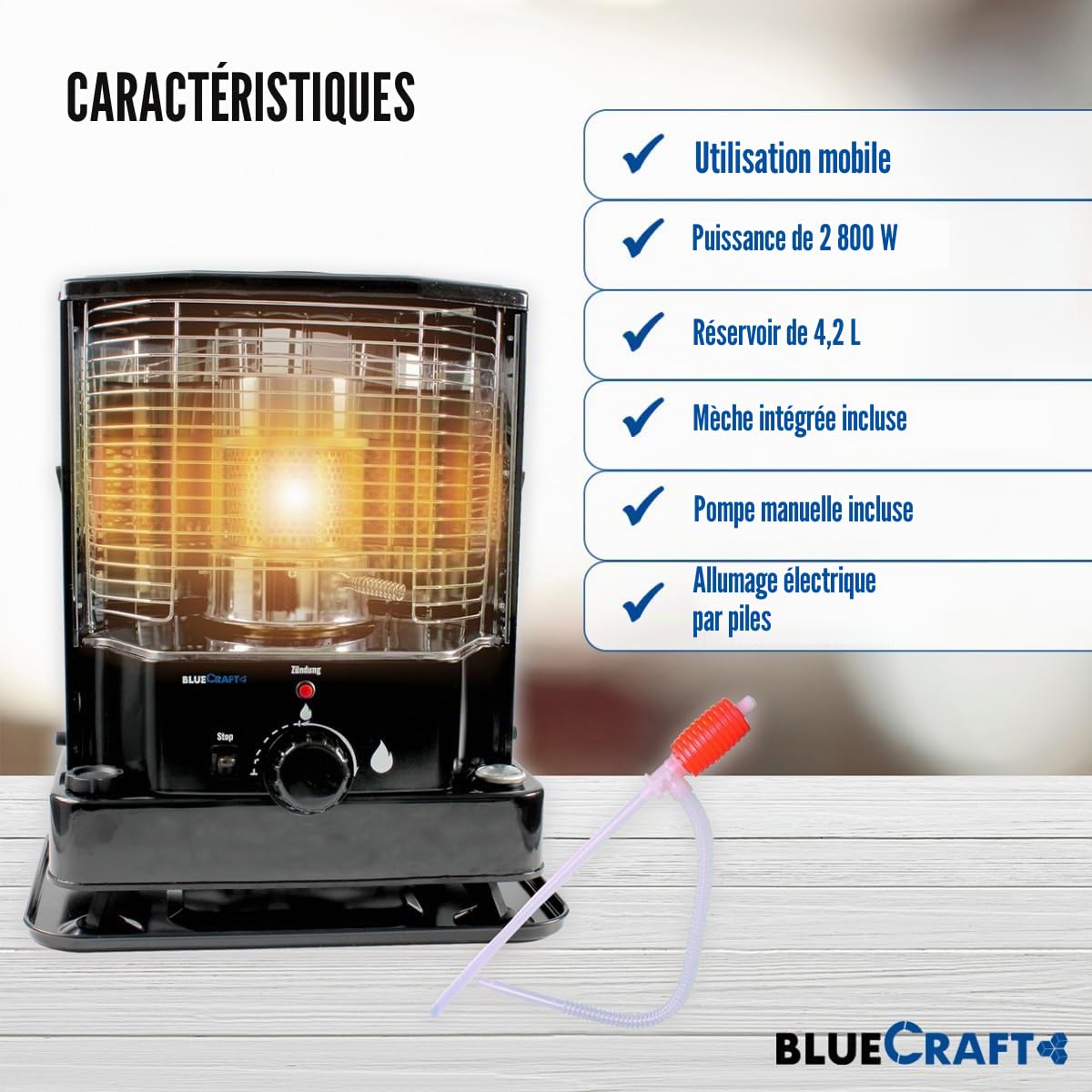 BlueCraft ZT-85 Poêle à pétrole avec pompe manuelle pour pétrole L | Four de secours | Chauffage de camping | Chauffage de secours sans électricité | Four à mèche