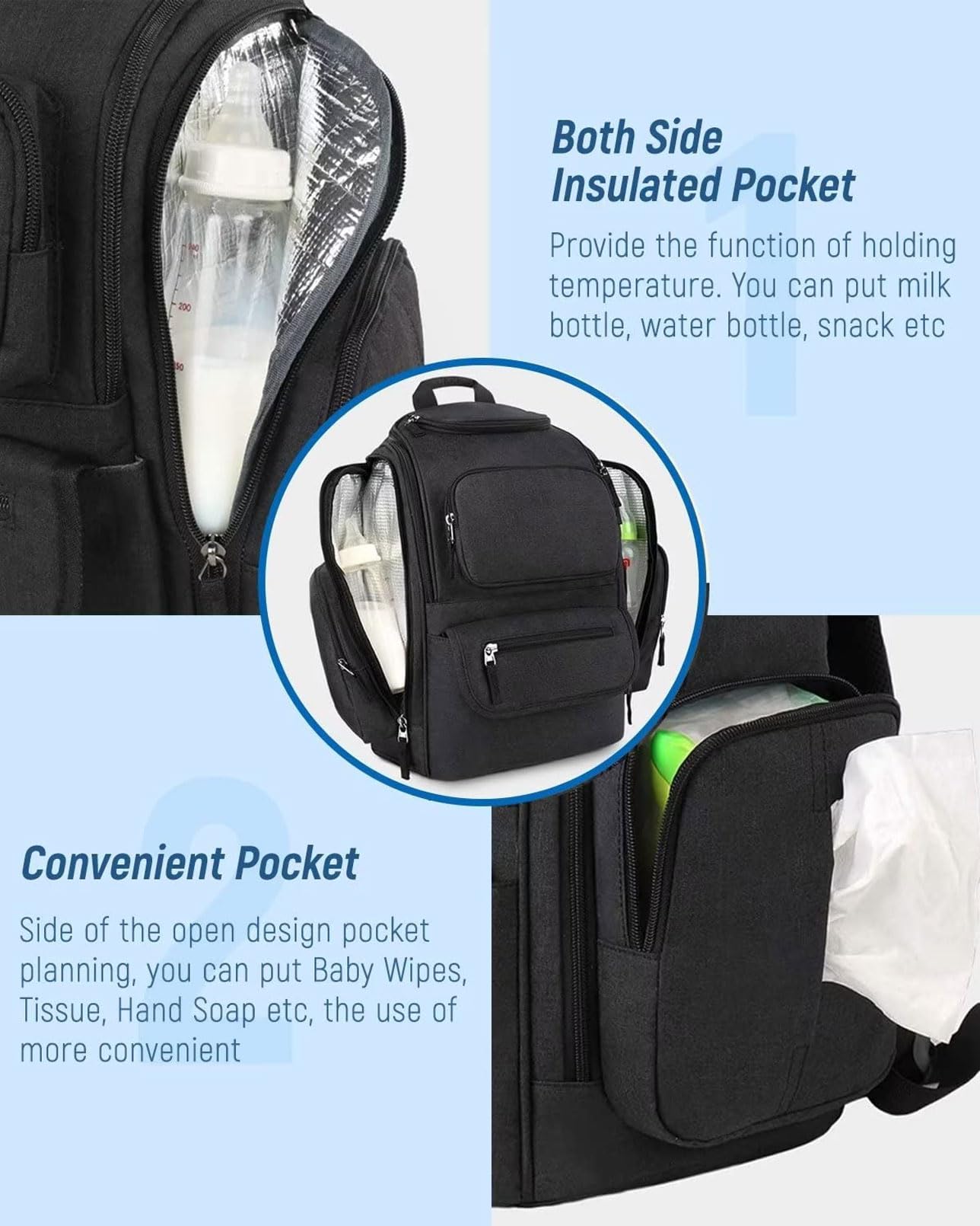Mancro Wickelrucksack Groß mit Isolierte Seitentaschen, Mehrere Fächer Reise Wickelrucksack mit Kinderwagenhaken, Wasserdicht Baby Wickeltaschen mit Anti Diebstahl Fach für Mama, Papa, Schwarz