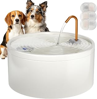 MISFANS Keramik Trinkbrunnen für Hunde, 4L mit Kupferrohr, Großer Katzenbrunnen & Wasserspender für mehrere Haustiere 135oz, Leise Pumpe inkl. Filter, Spülmaschinenfest, Weiß