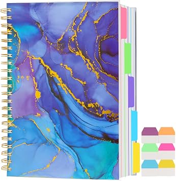 5 Subject Notebook College Ruled, A5 Spiral Notebook with Removable Pocket Dividers Tabs, Lined Organizer Notebook Journal for Women, 240 Pages Notebooks for Work School Note Taking, Purple Marble