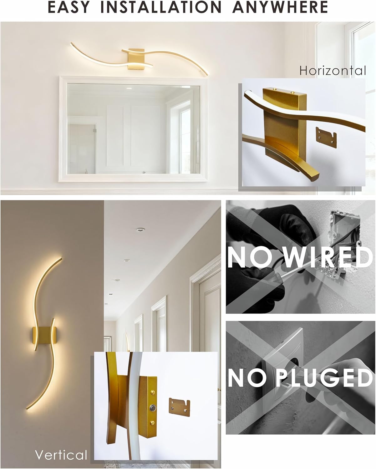 39" Gold Battery Operated Wall Sconces Set of 2, Curved Wireless Wall Lights with Remote, Dimmable Rechargeable LED Art Decor for Bedroom Living Room Hallway (No Wiring)