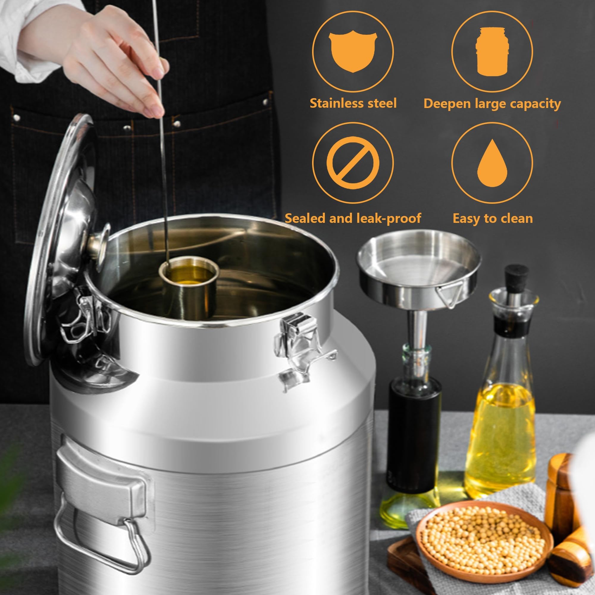 Milchkanne Edelstahl mit Hahn, Ölbehälter für Die Küche,Luftdichter Edelstahlbehälter mit Deckel für Die Küche | Luftdichter Aufbewahrungsbehälter with Trichter und Weinkelle Zur Aufbewahrung