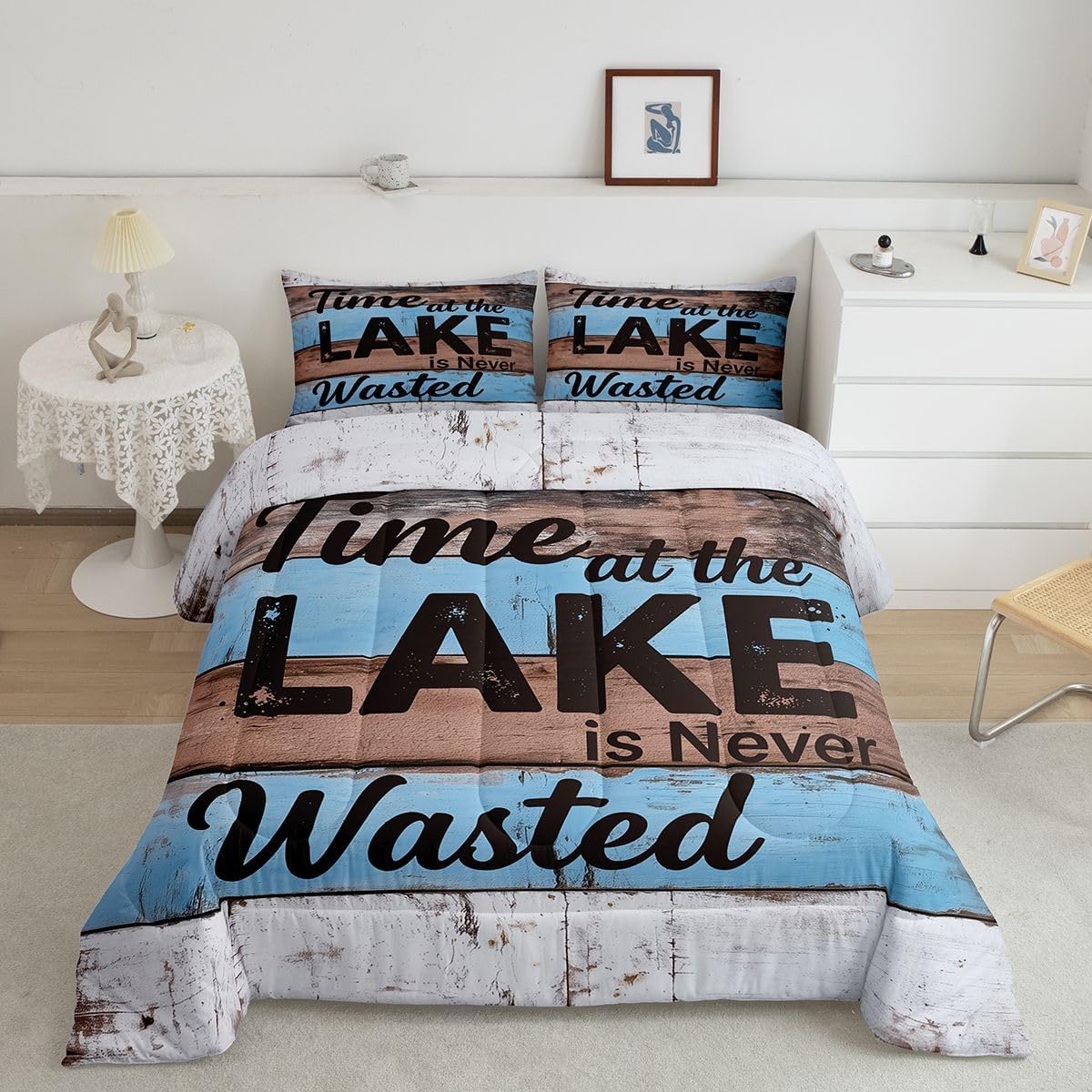 Lake Rules Comforter Set Full Size, Lake House Decor Bedding Comforter Sets Rustic Wooden Barn Duvet Insert Vintage Country Camping House Quilted Duvet Lake House Decor For The Home, Brown Blue
