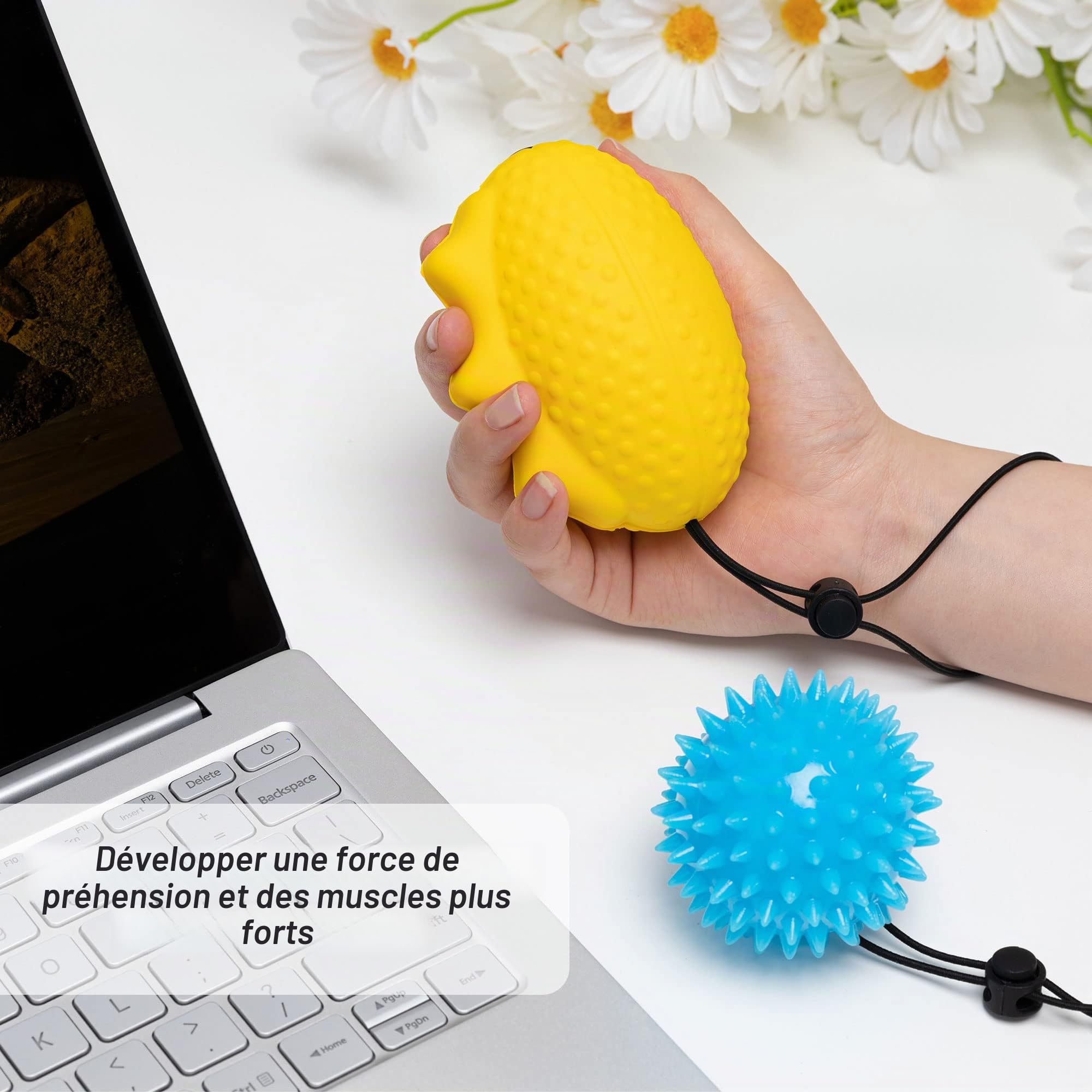 Lot de 2 balles de massage pour les doigts et la main (souple + hérisson) pour la thérapie des mains et des doigts, anti-stress, renforcement.