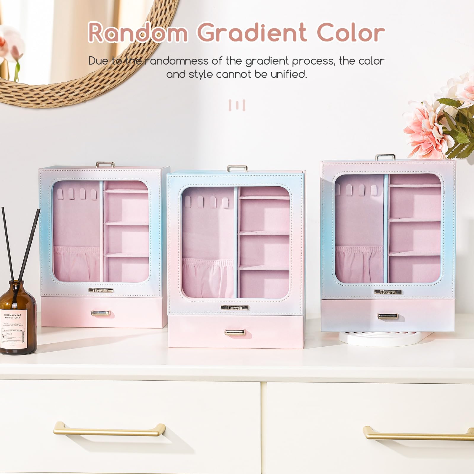 Homde Jewelry Box Small with Display Window, 2-Layer Jewelry Organizer, 2 Drawers, Jewelry Storage, Gifts Idea, Takes Up Little Space on the Dresser (Blue + Pink)