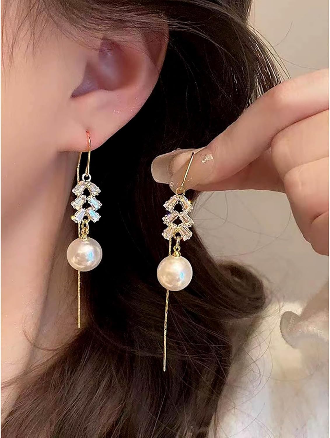 Boho Pearl Dangle Earrings Crystal Threader Drop Earrings Gold Ear Line Earrings Jewelry for Women and Teen - Image 6