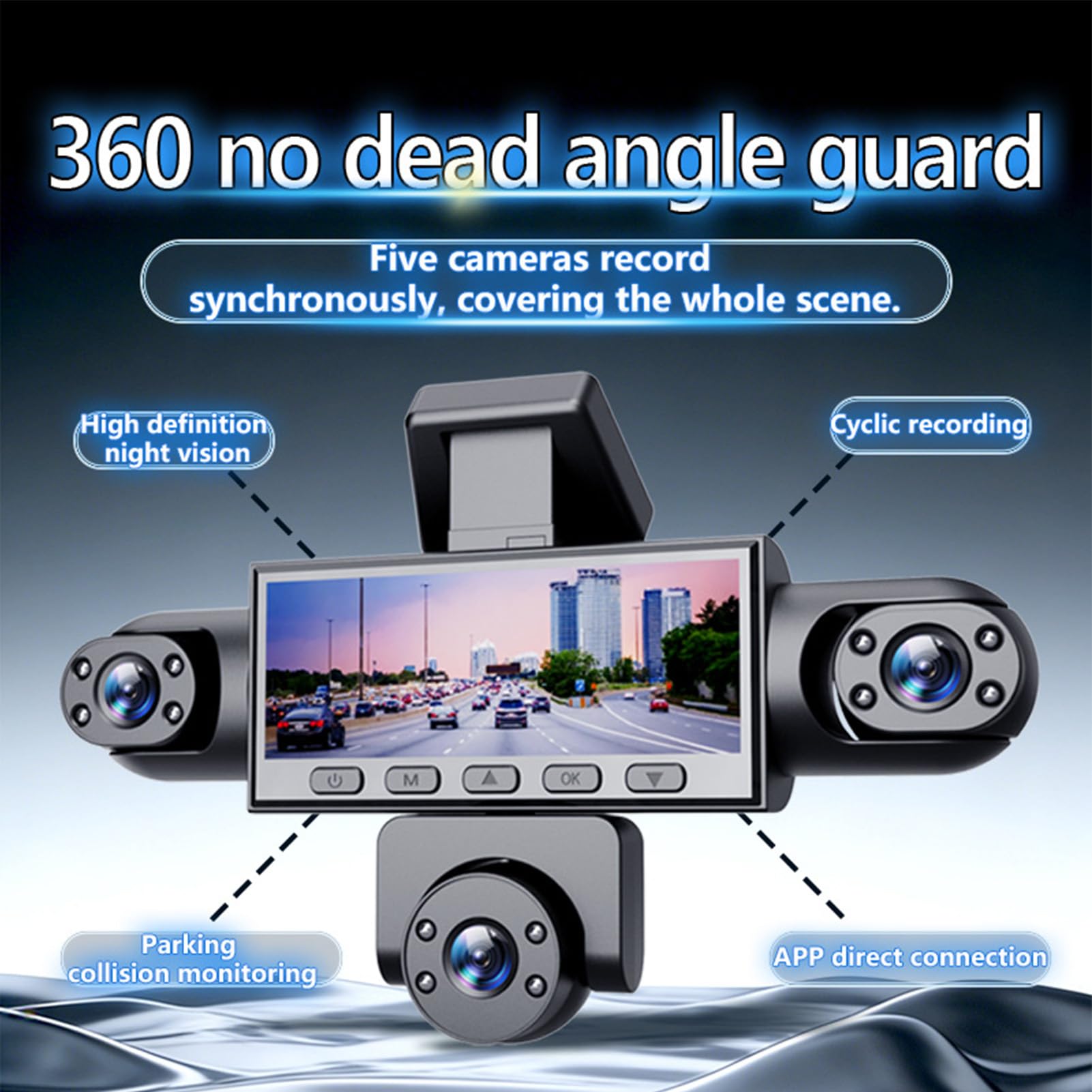 Dash Cam a 5 Canali per Auto, Grandangolo 140° 1080P | Visione Notturna, Display da 3,16 Pollici, Registrazione in Loop, Dashcam Anteriore Posteriore e Sinistra Destra Interna