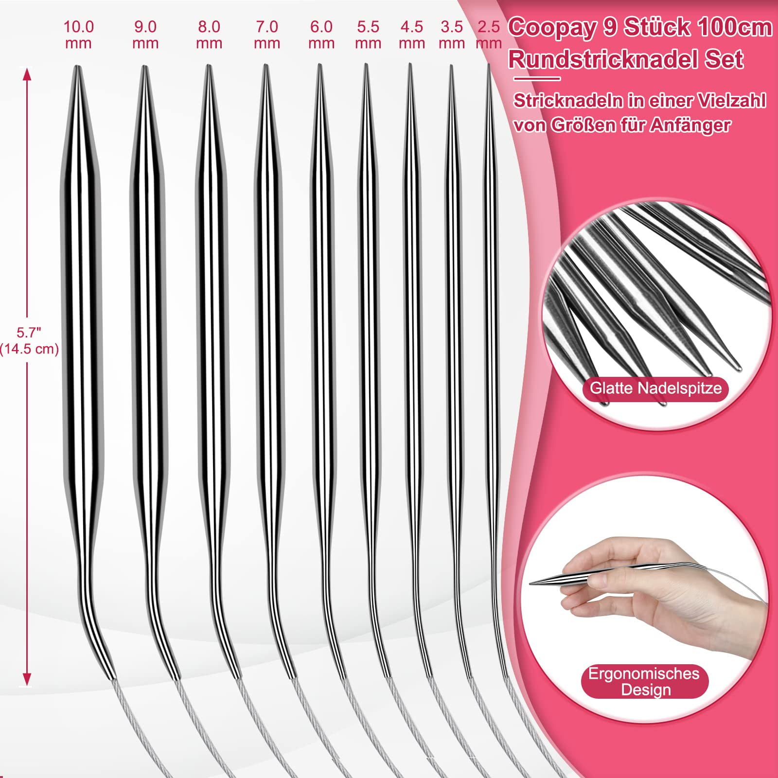 Ferri Circolari Per Maglieria 120 Cm - Set 9 Ferri In Acciaio Inox, Per Sciarpe E Maglioni