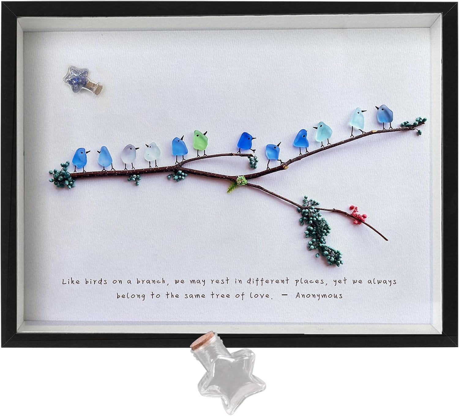 MEAKEO Sea Glass Birds Wall Art with Frame,Handmade Seaglass Rainbow Birds,Decorative Branch and Dried Flowers Accents,Sea Glass Friendship Gift for Home Decor,and Gift Ideas