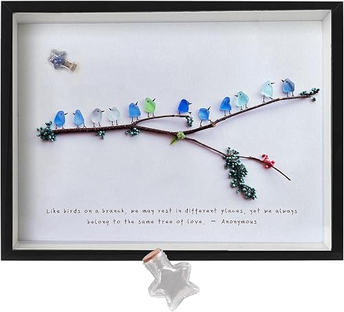 MEAKEO Sea Glass Birds Wall Art with Frame,Handmade Seaglass Rainbow Birds,Decorative Branch and Dried Flowers Accents,Sea Glass Friendship Gift for Home Decor,and Gift Ideas