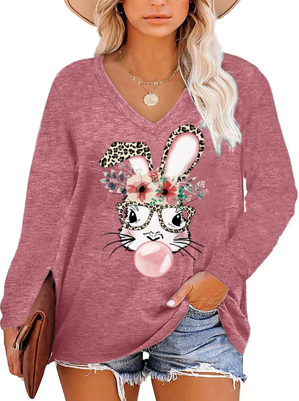 Plus Size Easter Shirts for Women Happy Easter T Shirt Bunny Rabbit V Neck Tees Easter Long Sleeve Shirt Tops