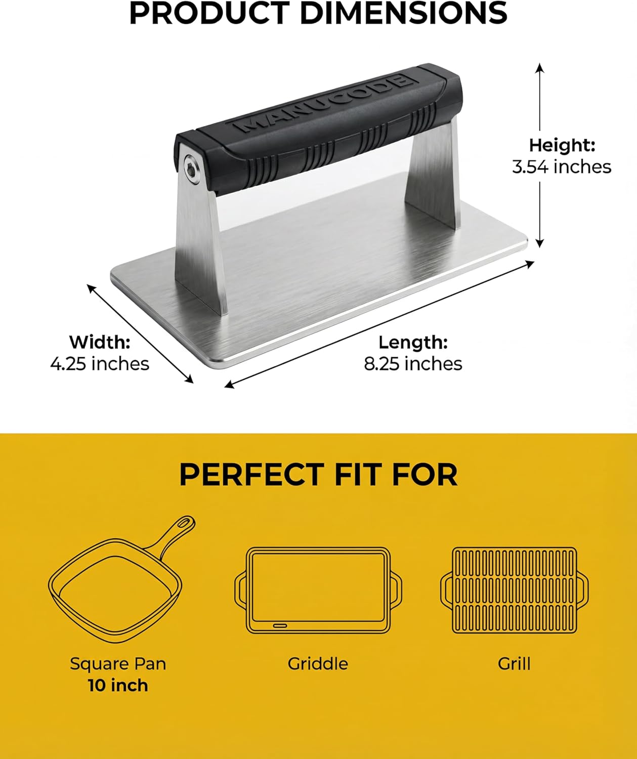 Stainless Steel Burger Smasher 2.50 LB – 8x4.25 Inch Steak Weight for Smash Burgers, Bacon, Sandwiches | Dishwasher Safe, Preheatable Protein Press with Silicone Handle | Commercial BBQ Tool