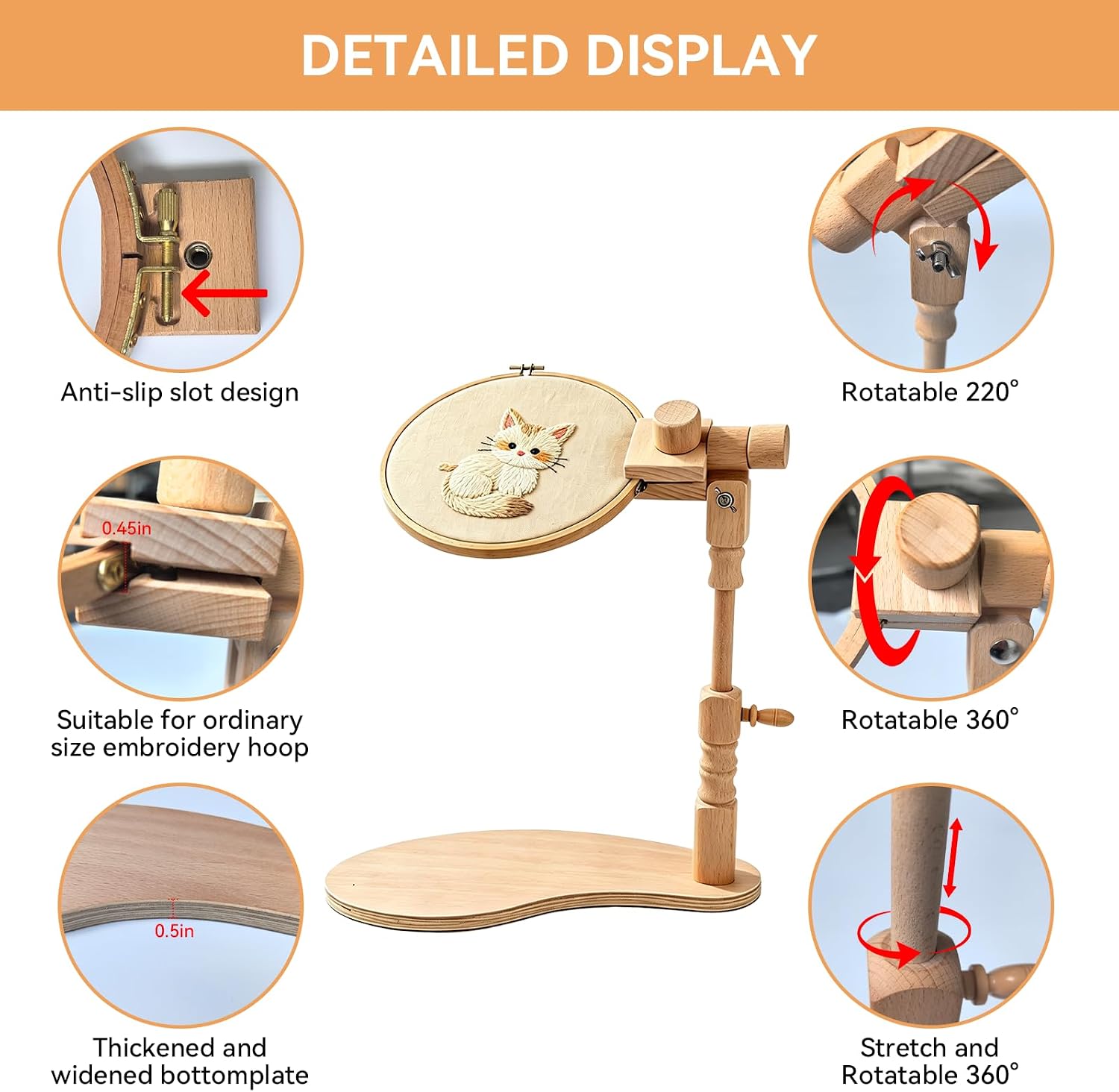 Embroidery Hoop Stand, Adjustable Rotated Wooden Embroidery Hoop Holder with 3pcs Embroidery Hoops (3inch + 6inch + 8inch) for Cross Stitch and Embroidery Projects