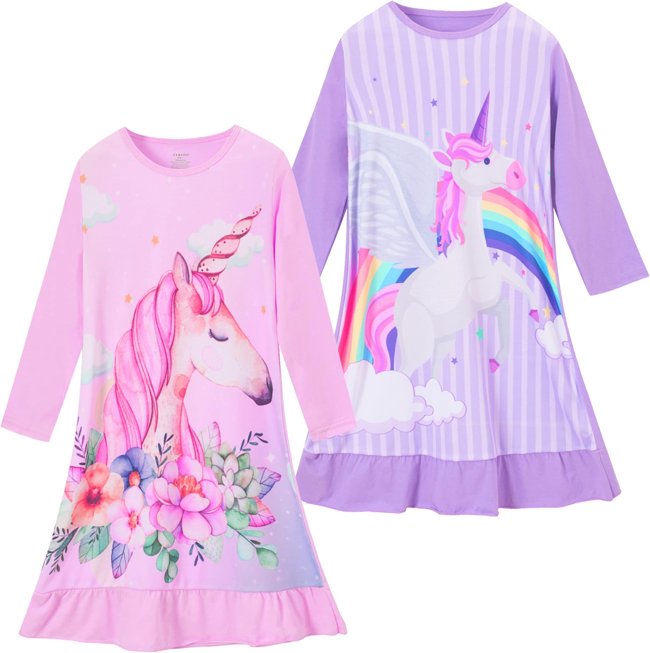 Girls Nightgowns Long Sleeve Cotton Night Dress 2-9 Years,Pack of 2