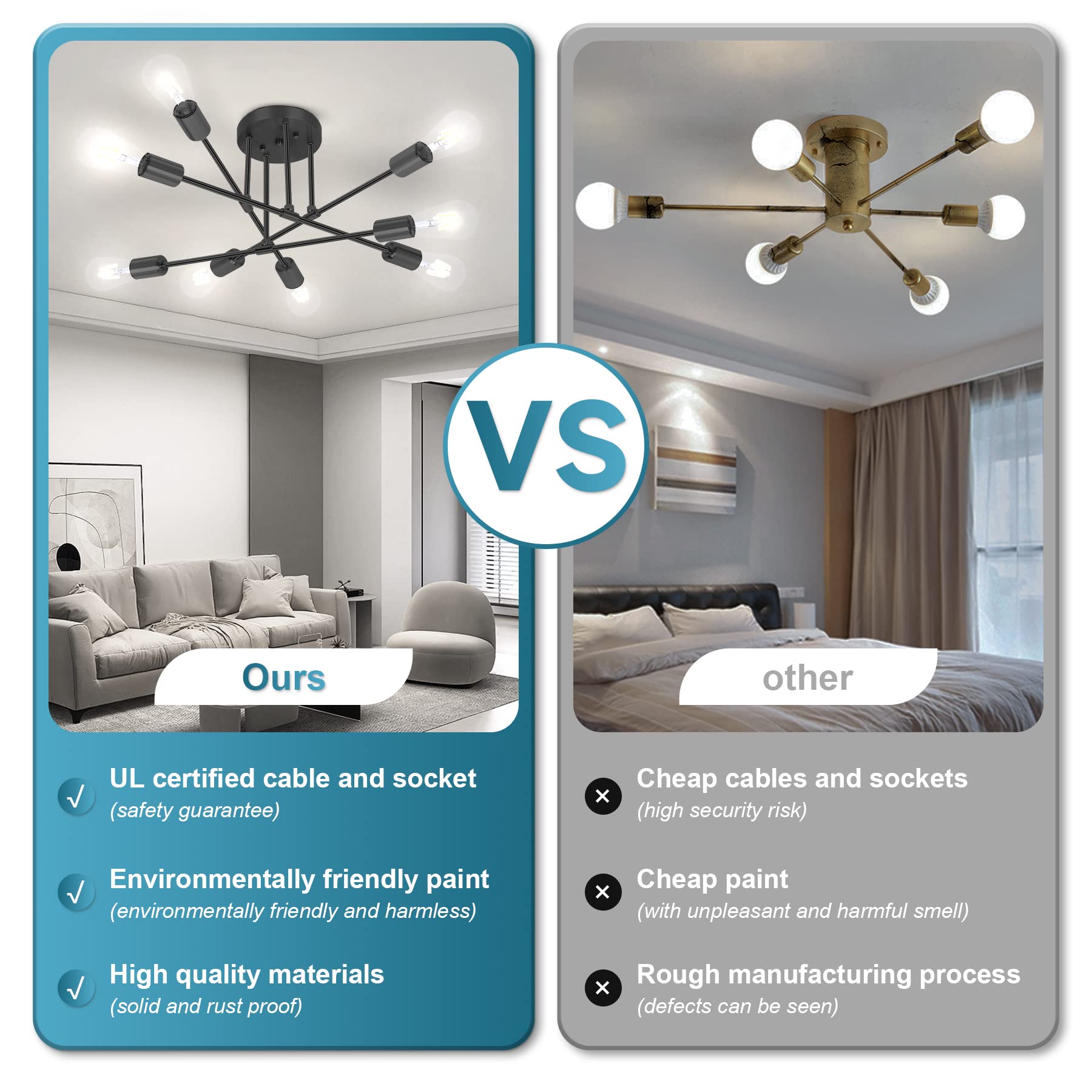 Sputnik Light Fixture, 8 Lights Black Sputnik Chandelier, Modern Ceiling Lights, Semi Flush Mount Ceiling Lights Fixture for Bedroom, Dining Room, Living Room, Kitchen, E26 Base, Bulbs Not Included