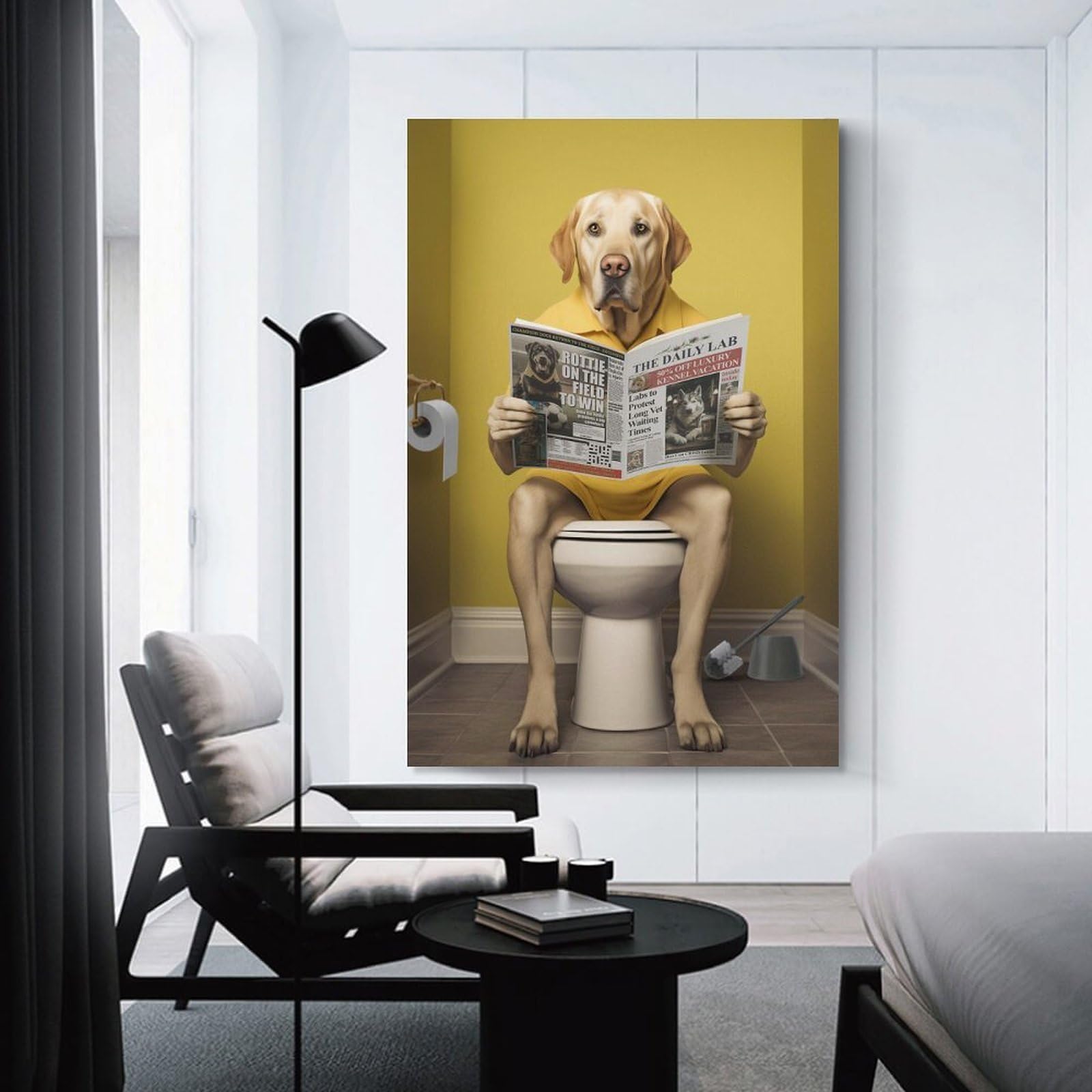 Junmoney Unframe-Style-5 Labrador On The Toilet Room Decor Wall Art 20X30inch(50X75cm), For Entrance Walls, Hall Decor Or Foyers, A Neat Decor Update For Hallways