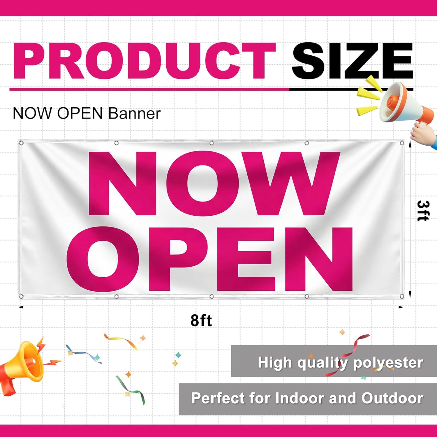 Hahafelt 3 x 8 Feet Now Open Banner with Grommets Fabric Large Size Hanging Yard Pink Signs for Business Industrial Store Enterprise Restructuring Innovation