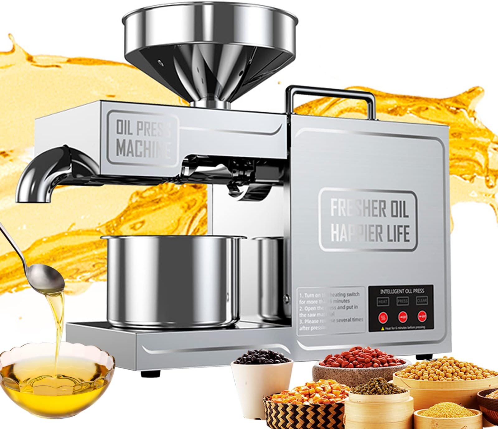 Anatole Oil Press Machine Electric Seed Oil Maker Stainless Steel 820W Automatic Kitchen Oil Extractor for Commercial Home Use 110V US Plug