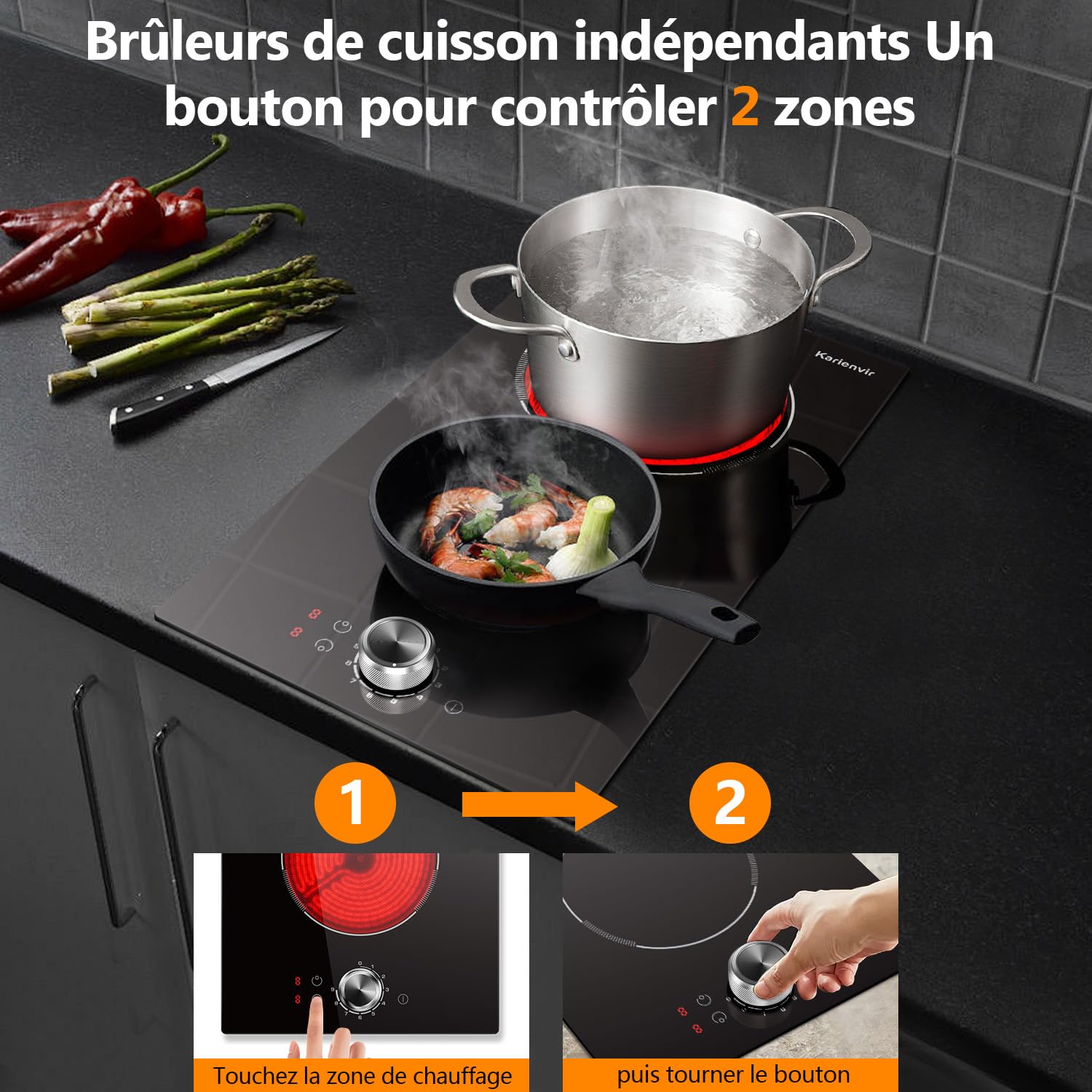 Plaque Vitrocéramique 2 Feux avec Boutons, Table de Cuisson Deux Foyers avec Prise, Zone d'expansion, 9 Niveaux de Puissance, 2800W, 30cm