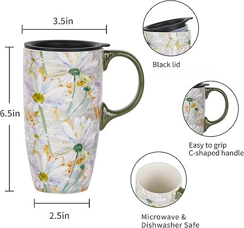 Miniatura 10 de DUSVALLY Taza de cerámica para café, taza de café de viaje, taza de té con leche de porcelana con tapa y caja de color, 17 onzas, taza alta grande,