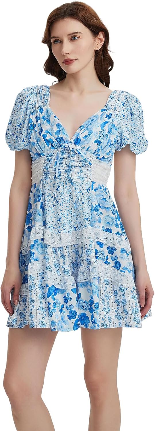 hibshaby Women's Floral Patchwork Dress V Neck Lace Layered Ruffle Flowy Babydoll Dress Puff Sleeve Tiered Mini Sundress - Image 4