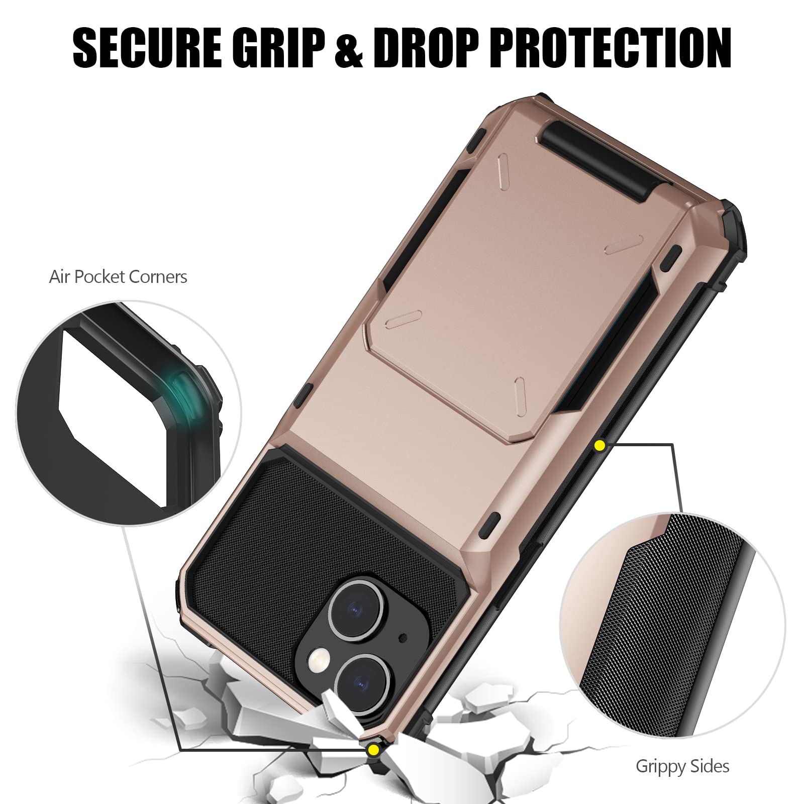 Vofolen Compatible With IPhone 15 Case With Card Holder, Dual Layer Shockproof Wallet Phone Case, Hidden Card Slot Sliding Protective Hard Back Slim Cover Case For IPhone 15, 6.1 Inch Grey