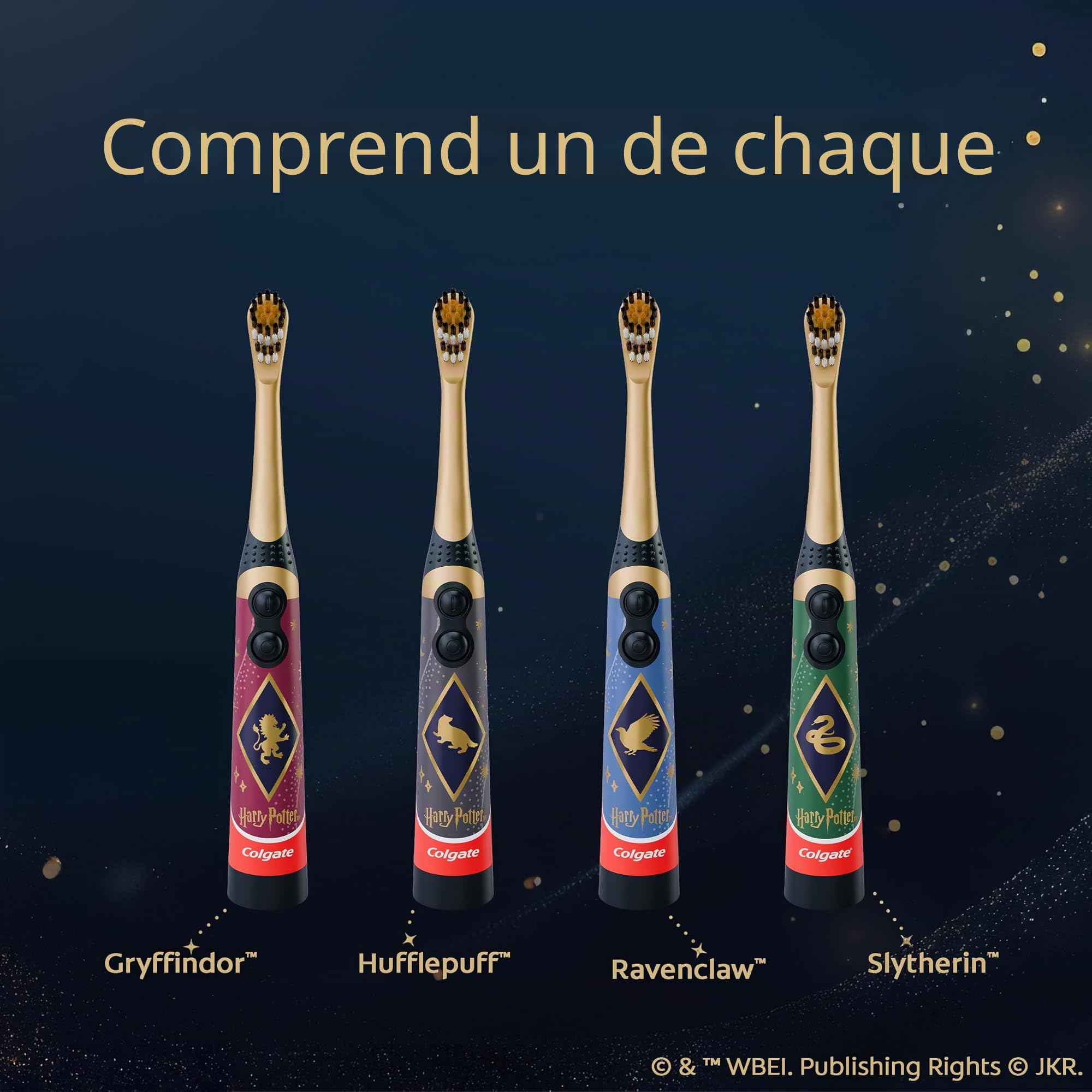 Colgate Harry Potter Lot de 4 brosses à dents vibrantes extra douces pour enfants, piles AA incluses, pour sorcières et sorciers à partir de 3 ans, design plat