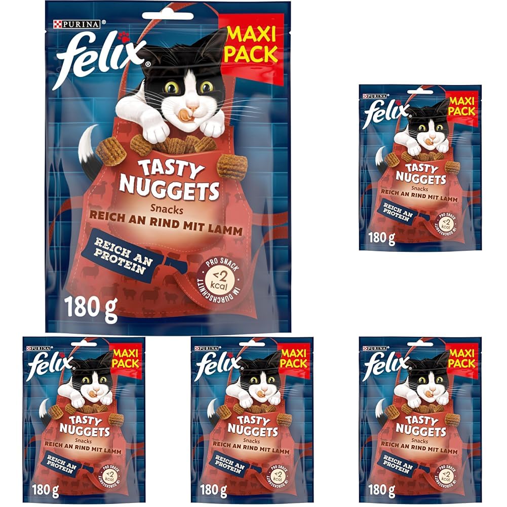 FELIX Tasty Nuggets Reich an Rind mit Lamm Katzensnacks, 6 x 180g (Packung mit 5)