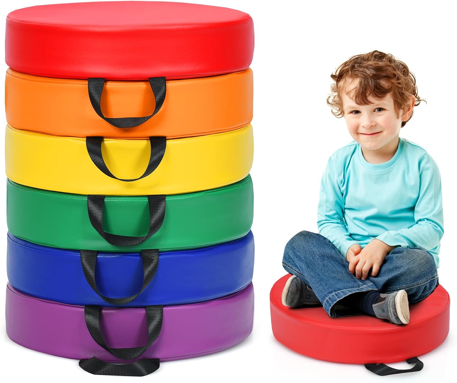 DORTALA 6 PCS Round Flexible Seating Floor Cushions, PU + EPE Portable Classroom Cushion w/Handles, Stackable Seating Cushions for Classroom, Daycare, Preschool (Red)