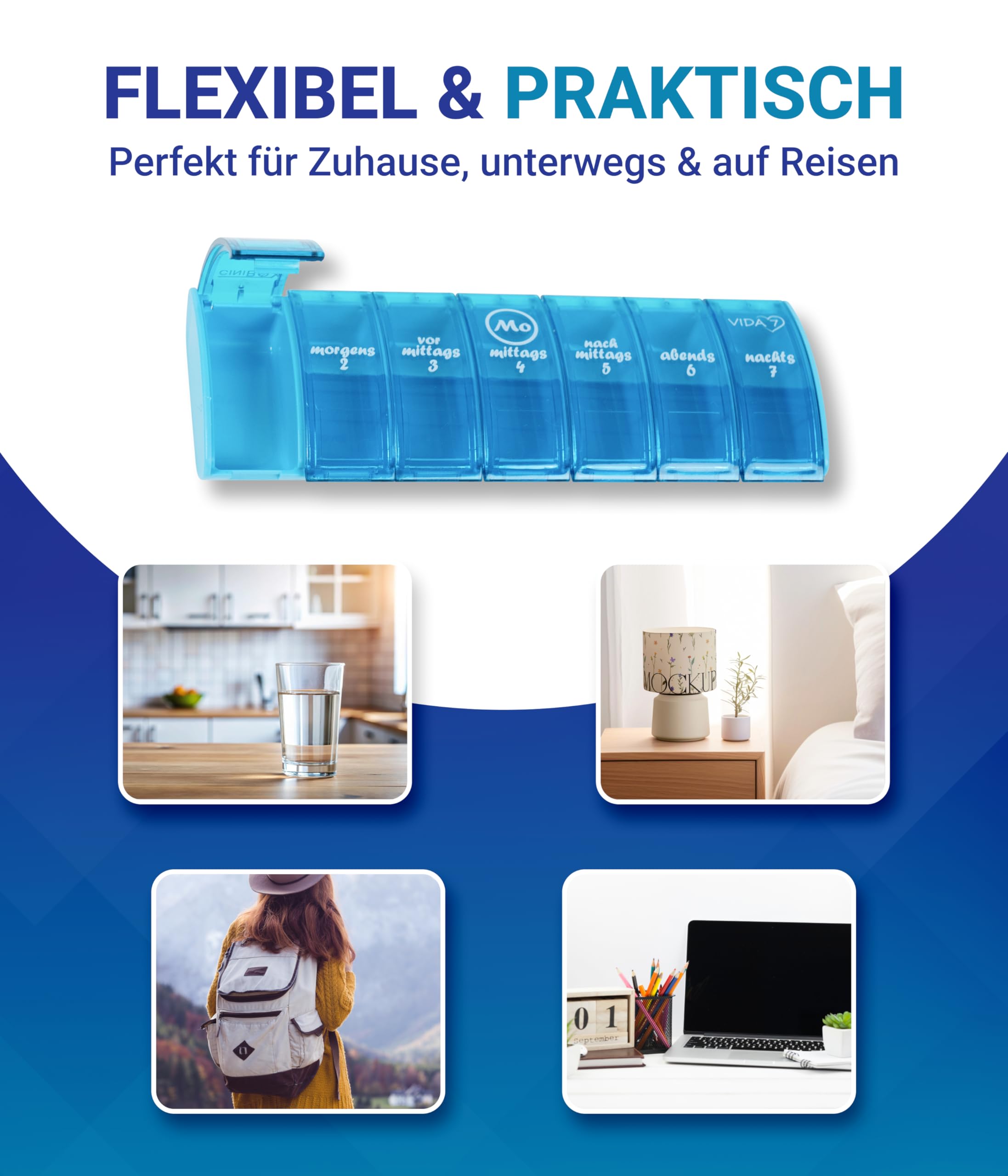 CINIBOX VIDA 7 – Tablettenbox 7 Tage – Helltürkis – Pillendose & Medikamentenbox mit jeweils 7 Fächern – leicht zu öffnen & sicher verschlossen – BPA-frei & lebensmittelecht – Made in DE