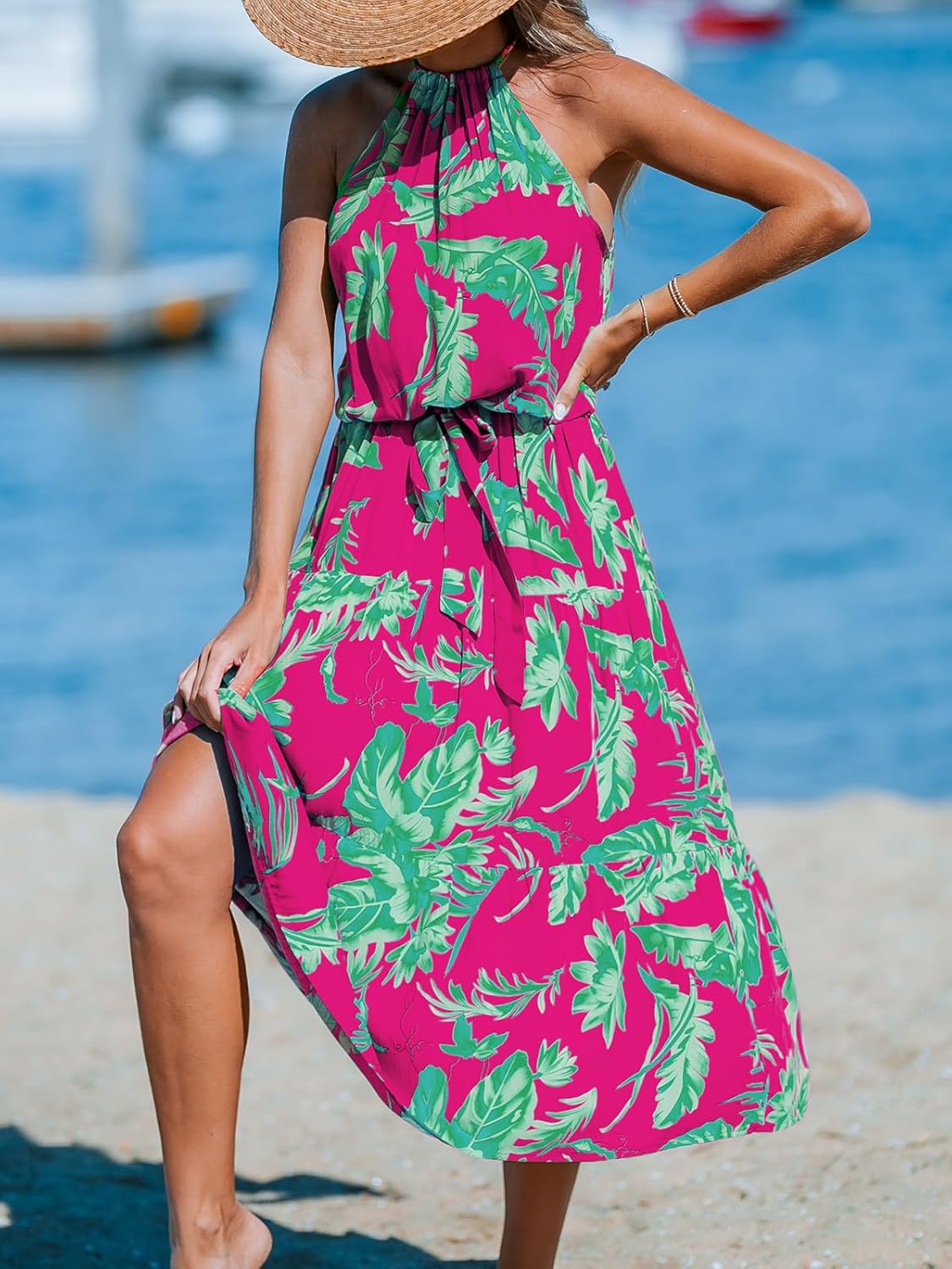 CUPSHE Women's Midi Dress Halter Floral Sleeveless Belted Ruffled A Line Casual Summer Dress - Image 2