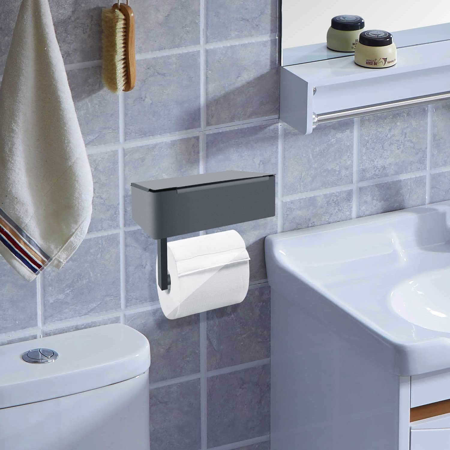Soporte para toallas de papel de cocina con peso, soporte resistente para toallas de papel con base inoxidable para rollos de toallas de papel estándar y megarrollo de toallas de papel (negro escarchado) 6