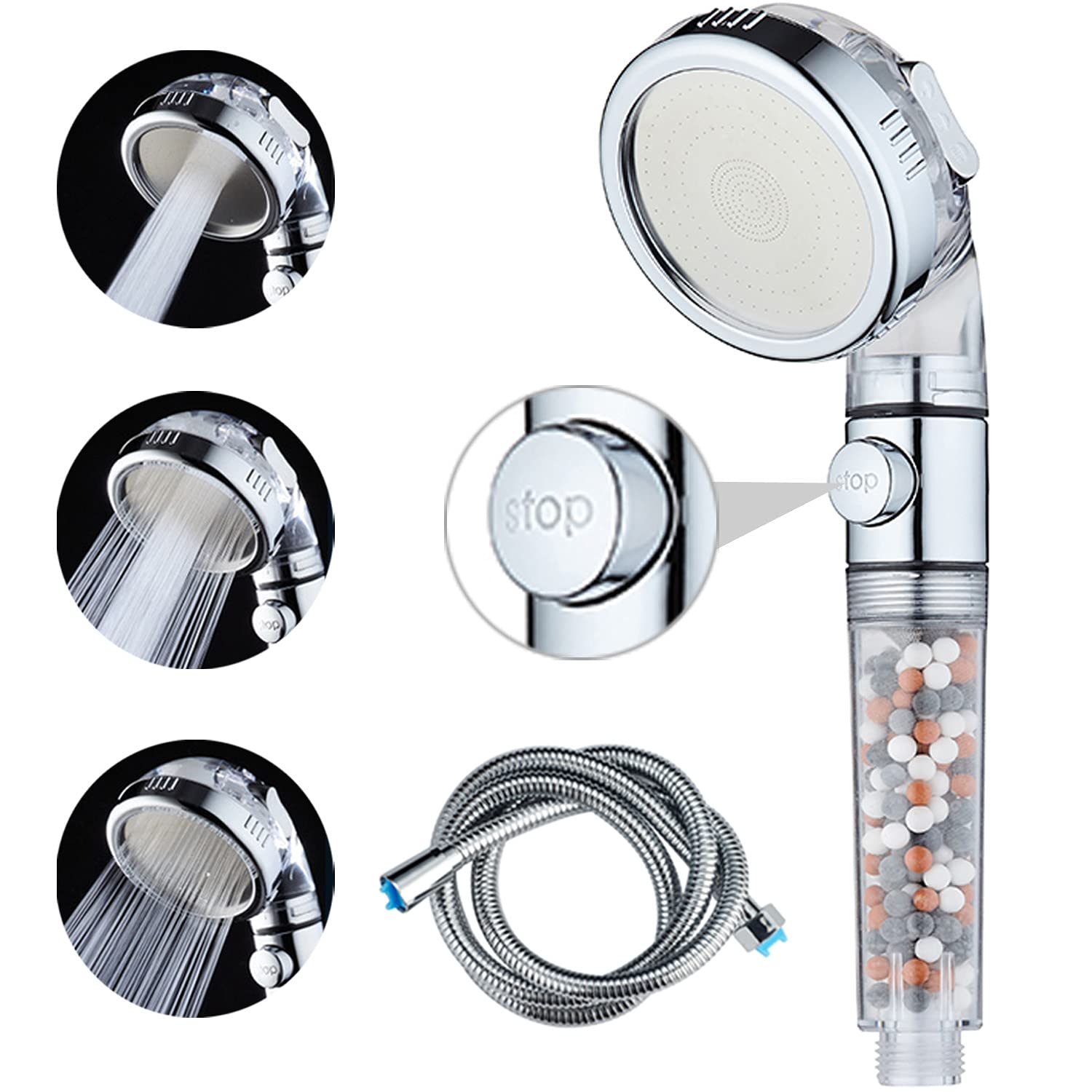 Woopower Skin Ionic Shower Head With Pause Button, 3 Settings High Pressure & Water Saving Handheld Showerhead, Soften Hard Water, Remove Chlorine, Good For Dry & Hair, With Extra Hose & Filter Beads