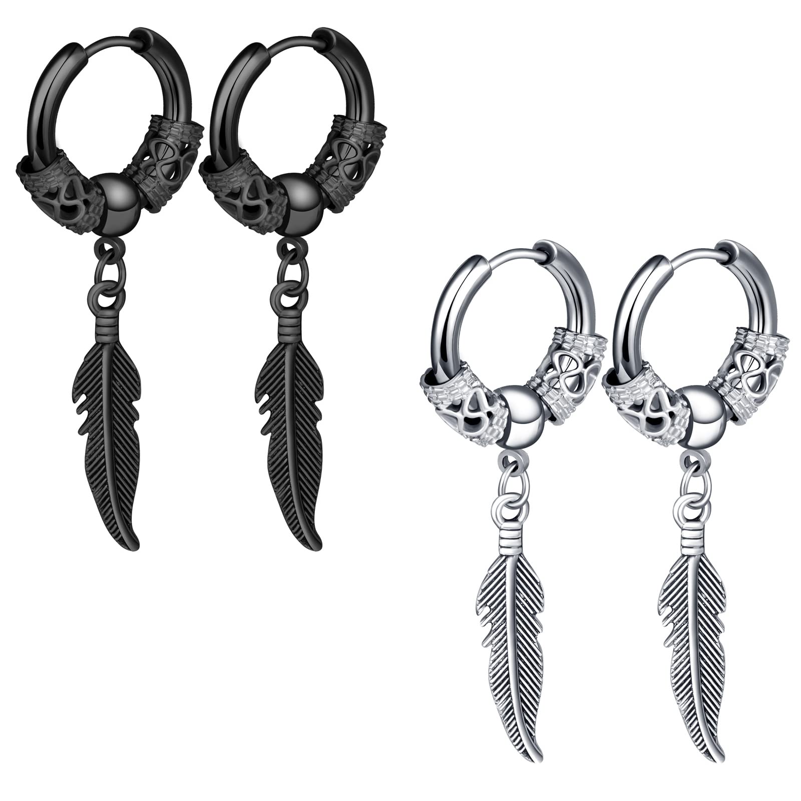 MicVivienHoop Earrings with Feather Pendant in Stainless Steel Punk Hoop Earrings for Men and Women