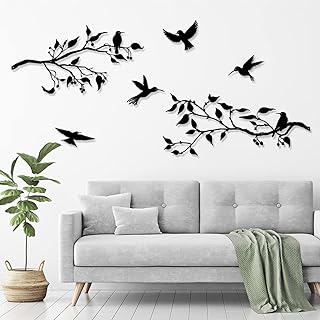 4 Pieces Large Birds on Branch Metal Wall Art Decor,Black Leaves with Bi...
