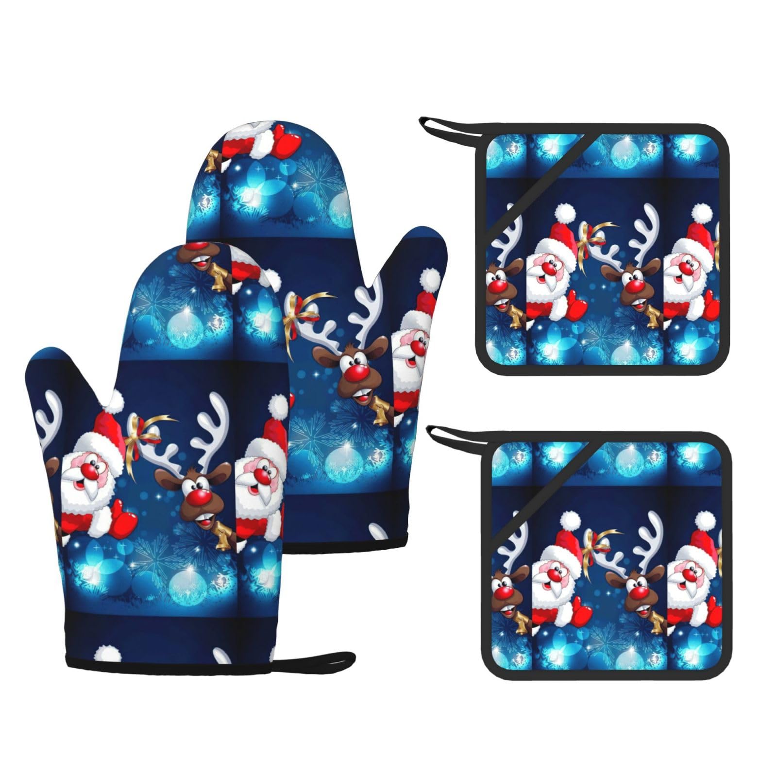 Santa Claus and Deer Elk Printed Oven Mitts and Pot Holders Set of 4, Heat Resistant Silicone Gloves for Baking Grilling