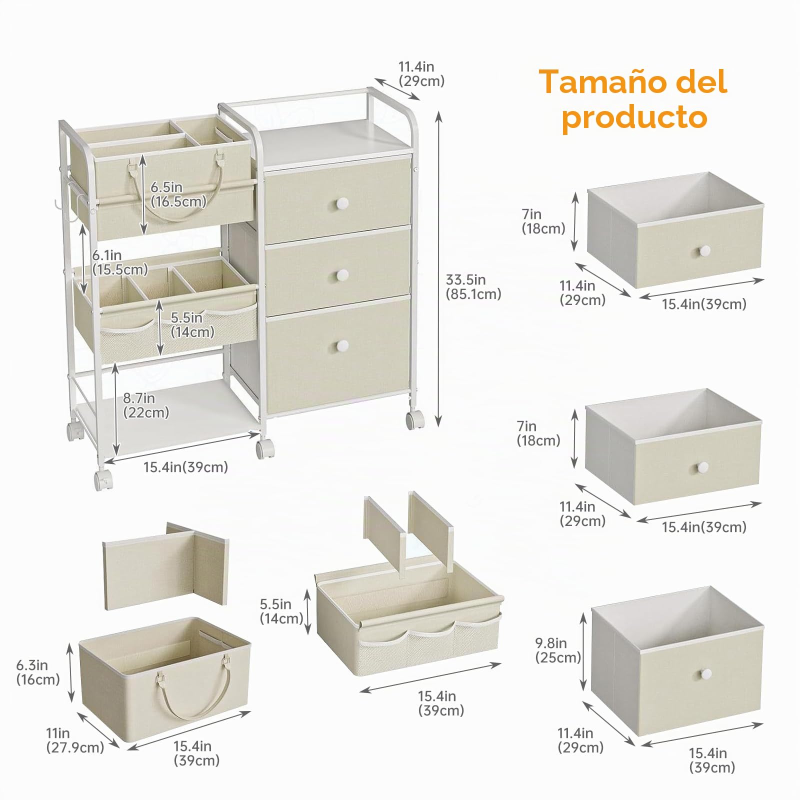 Carrito Organizador para Bebé con 3 Cajones y Estantes | Con Ruedas, Cesta Portátil y Bolsa, Beige, 82 × 29 × 85 cm, Ideal para Dormitorio o Guardería