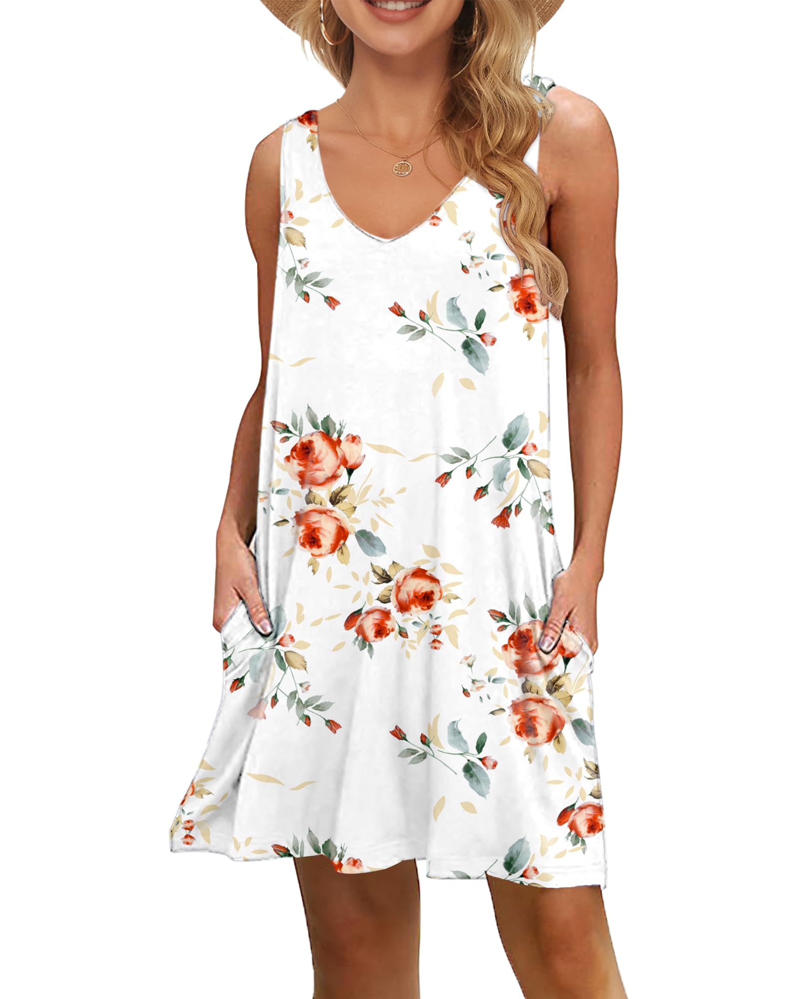 WNEEDU Vestidos Mujer Casual Playeros Verano Vestido Corto Sin Mangas Cuello en V con Bolsillos