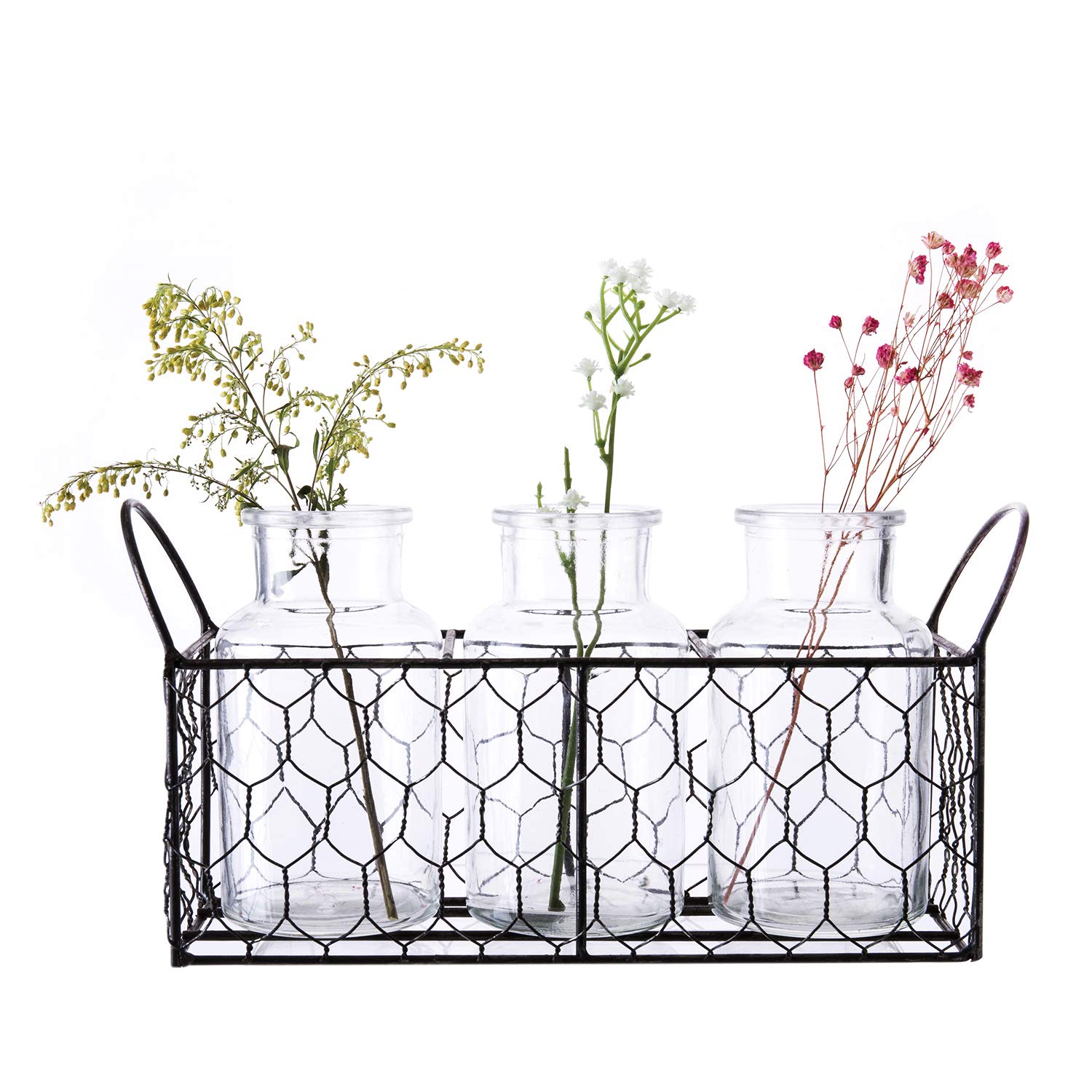 Diamond Star 3Pcs Clear Glass Milk Bottle Vases in Basket Caddy Vintage Style Jars Sets (3Pcs, 11