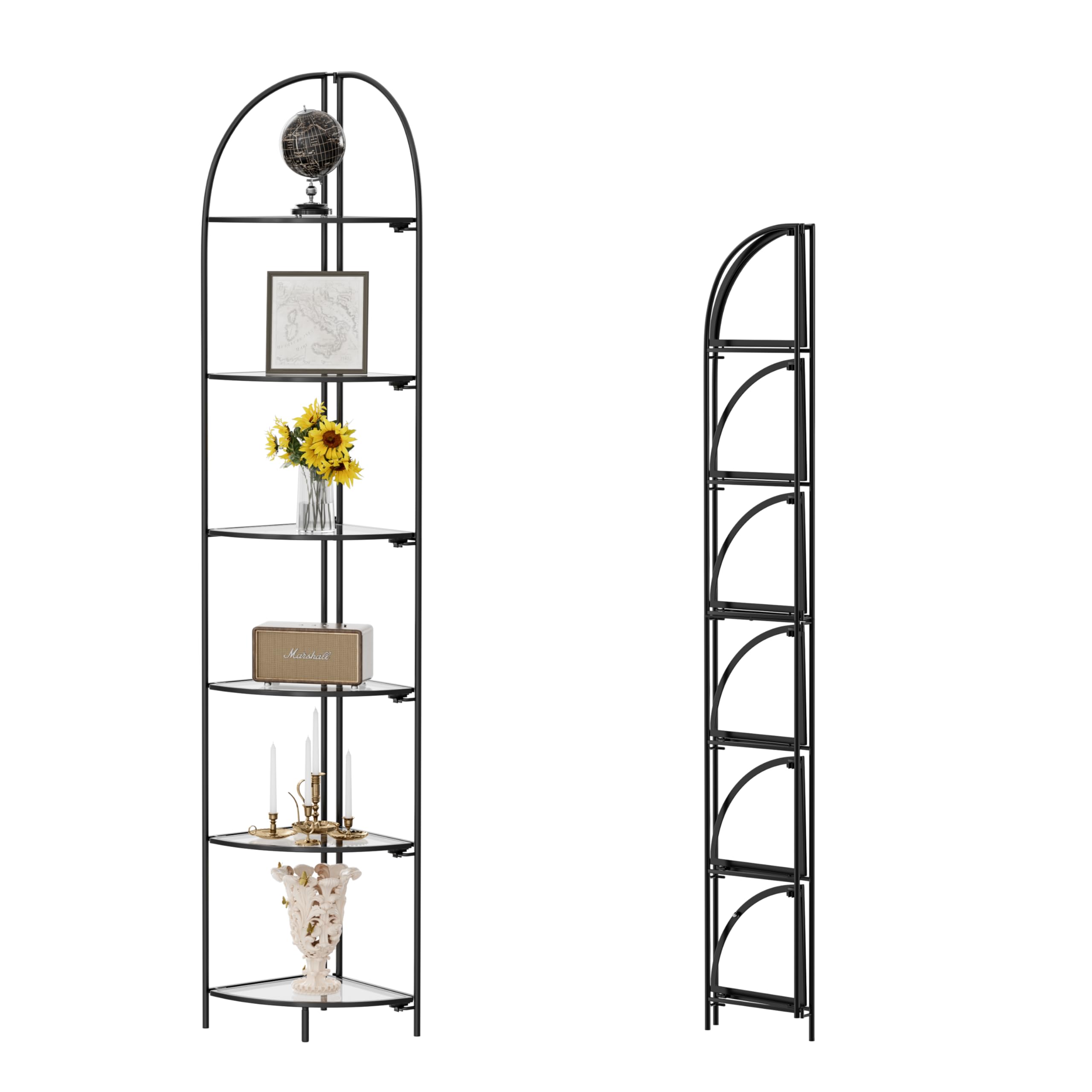 Crofy Foldable 6 Tier Corner Shelf, Metal Corner Plant Stand with Black Frame and Transparent Shelves, Corner Display Rack Multipurpose Shelving Unit