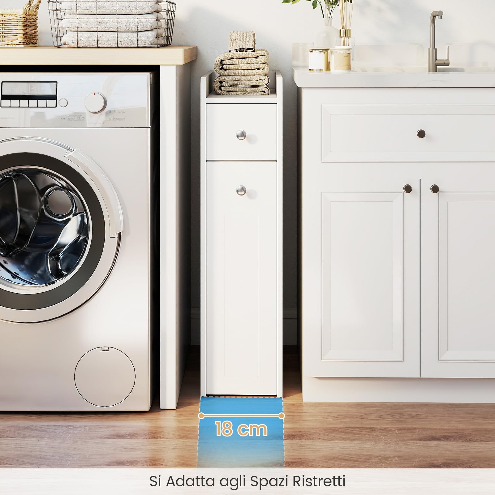 COSTWAY Mobile da Bagno Piccolo, Mobiletto Salvaspazio Stretto a 4 Ripiani con Cassetti Estraibili su Ruote, Credenza Sottile da Terra Porta Carta Igienica per Spazi Ridotti (Bianco)