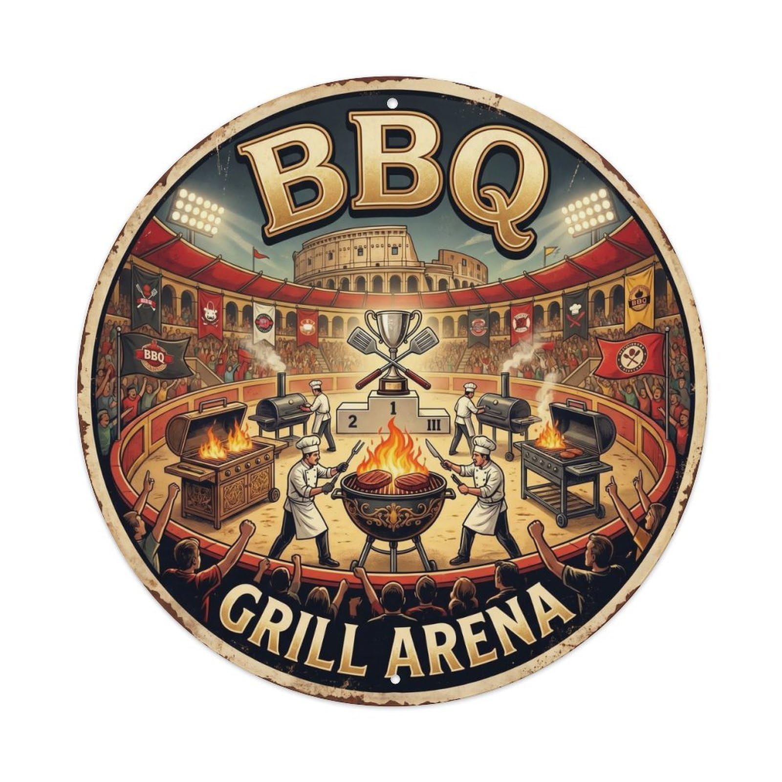 BBQ Barbecue Grill Arena Vintage Metal Tin Sign Plaque Wall Decor for Cafe, Club, Garden Round Metal Poster 8x8Inch