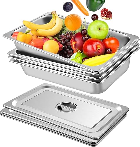 Kweetle Paquete de 4 bandejas de hotel de 4 pulgadas de profundidad para mesa de vapor, tamaño completo con tapa, 20.9 x 12.8 x 4 pulgadas, sartenes