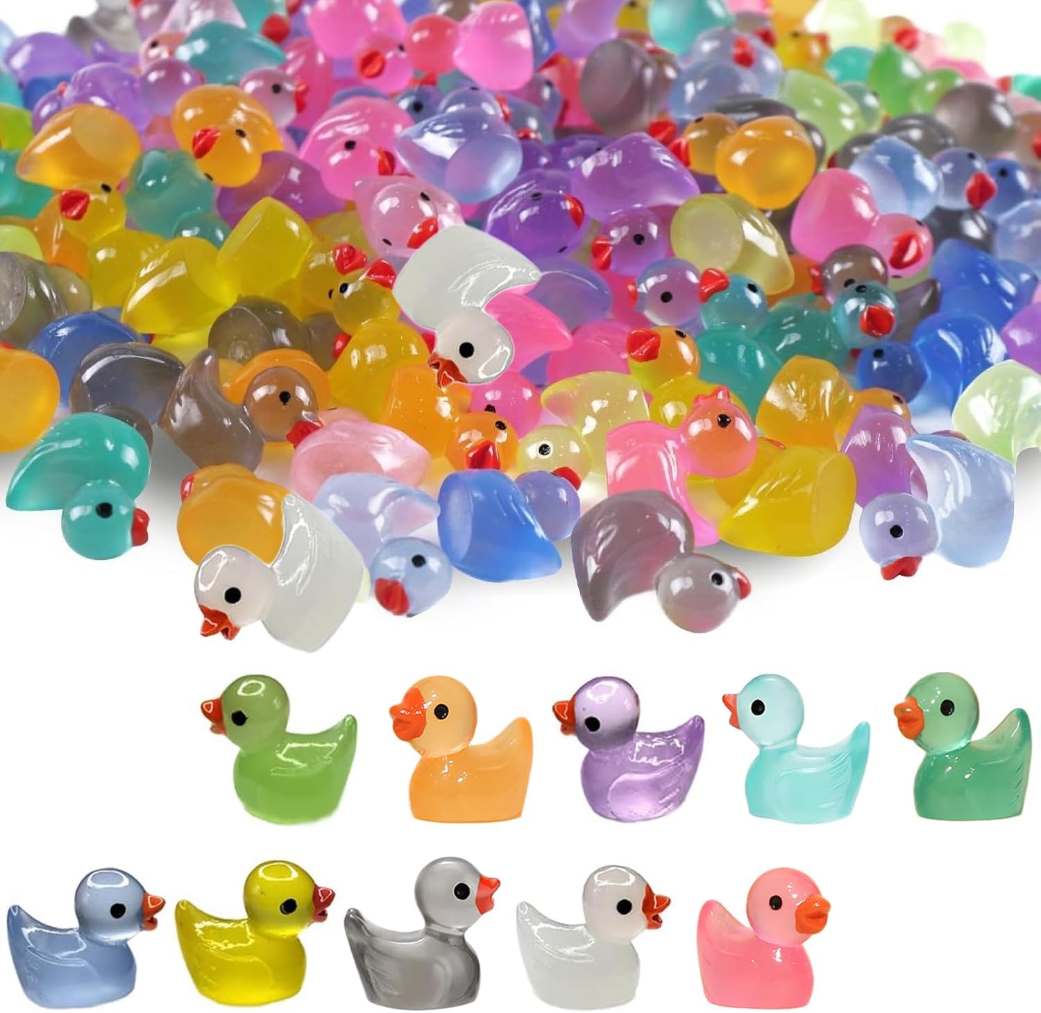 Mini Resin Ducks 100 Pack Glow in the Dark Tiny Ducks, Cute Little Ducks, Small Resin Ducks for Dollhouse Decor Accessories, Garden Micro Landscape, Aquarium, Potted Tiny Homes, Hide and Seek