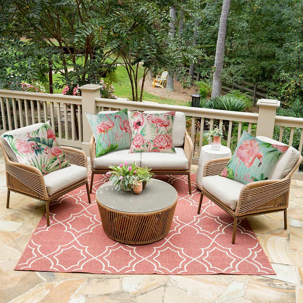 Artscope Imperméable Housse de Coussin, Lot de 4 Extérieur Flamant et Fleurs Roses Canapé Taie d'oreiller pour Patio Jardin Salon Chambre Décoration, 45x45cm