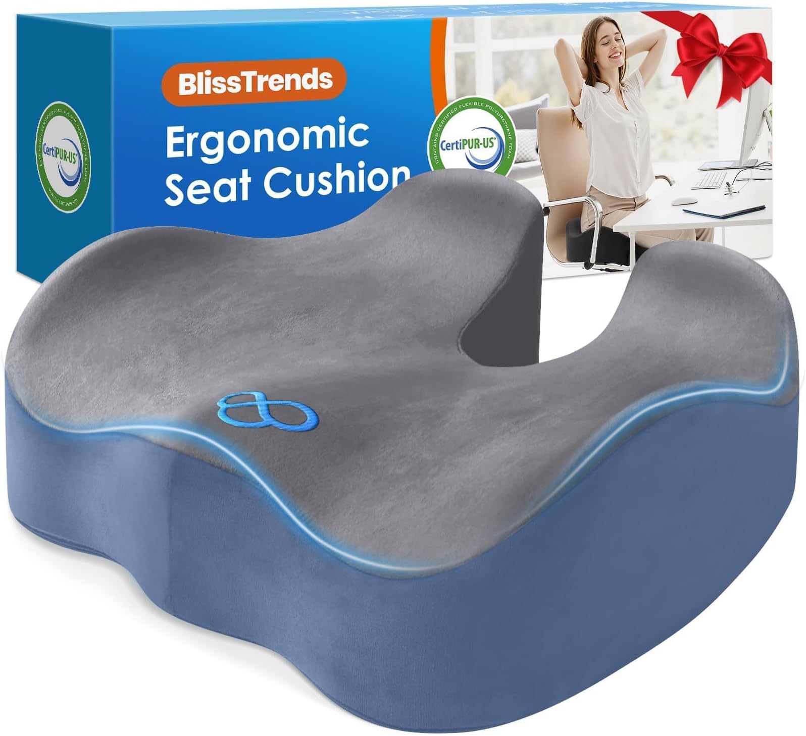 BlissTrends Memory Foam Seat Cushion for Office Chair & Car Seat Grey&Blue